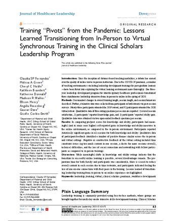 Training "Pivots" from the Pandemic: Lessons Learned Transitioning from In-Person to Virtual Synchronous Training in the Clinical Scholars Leadership Program thumbnail