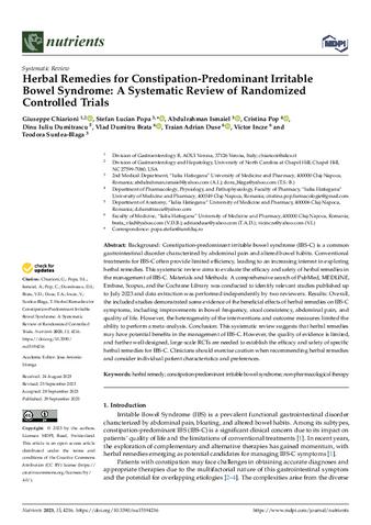 Herbal Remedies for Constipation-Predominant Irritable Bowel Syndrome: A Systematic Review of Randomized Controlled Trials thumbnail