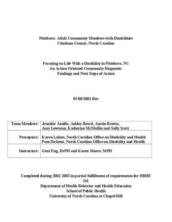 Pittsboro, adult community members with disabilities, Chatham County, North Carolina : focusing on life with a disability in Pittsboro, NC : an action oriented community diagnosis : findings and next steps of action thumbnail