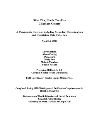 Siler City, North Carolina, Chatham County : a community diagnosis including secondary data analysis and qualitative data collection thumbnail