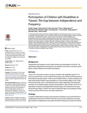 Participation of Children with Disabilities in Taiwan: The Gap between Independence and Frequency thumbnail