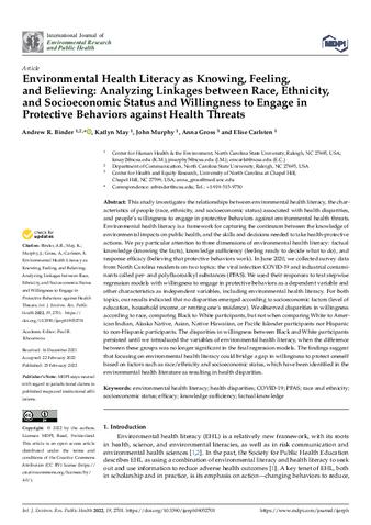 Environmental Health Literacy as Knowing, Feeling, and Believing: Analyzing Linkages between Race, Ethnicity, and Socioeconomic Status and Willingness to Engage in Protective Behaviors against Health Threats thumbnail