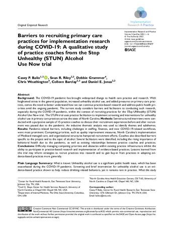 Barriers to recruiting primary care practices for implementation research during COVID-19: A qualitative study of practice coaches from the Stop Unhealthy (STUN) Alcohol Use Now trial thumbnail