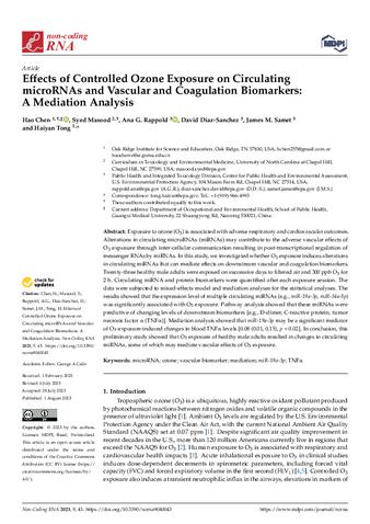 Effects of Controlled Ozone Exposure on Circulating microRNAs and Vascular and Coagulation Biomarkers: A Mediation Analysis thumbnail
