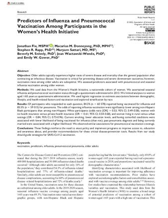 Predictors of Influenza and Pneumococcal Vaccination Among Participants in the Women’s Health Initiative thumbnail