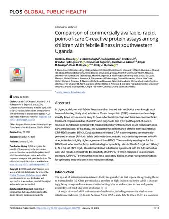 Comparison of commercially available, rapid, point-of-care C-reactive protein assays among children with febrile illness in southwestern Uganda thumbnail
