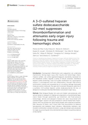 A 3-O-sulfated heparan sulfate dodecasaccharide (12-mer) suppresses thromboinflammation and attenuates early organ injury following trauma and hemorrhagic shock thumbnail