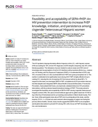 Feasibility and acceptability of SEPA+PrEP: An HIV prevention intervention to increase PrEP knowledge, initiation, and persistence among cisgender heterosexual Hispanic women thumbnail