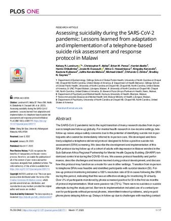 Assessing suicidality during the SARS-CoV-2 pandemic: Lessons learned from adaptation and implementation of a telephone-based suicide risk assessment and response protocol in Malawi thumbnail