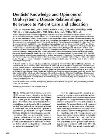 Dentists' knowledge and opinions of oral-systemic disease relationships: relevance to patient care and education.