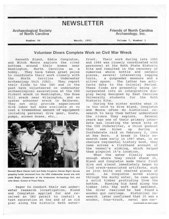 Newsletter of the Archaeological Society of North Carolina Number 96 and Friends of North Carolina Archaeology Inc., Volume 7 number 1 thumbnail
