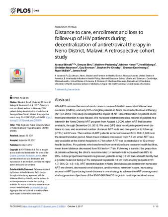 Distance to care, enrollment and loss to follow-up of HIV patients during decentralization of antiretroviral therapy in Neno District, Malawi: A retrospective cohort study thumbnail