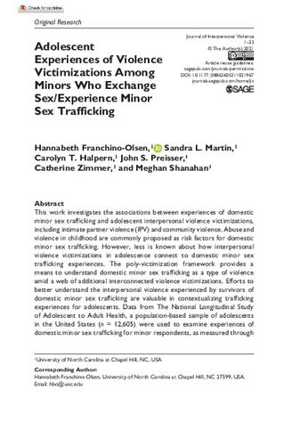 Adolescent Experiences of Violence Victimizations Among Minors Who Exchange Sex/Experience Minor Sex Trafficking thumbnail