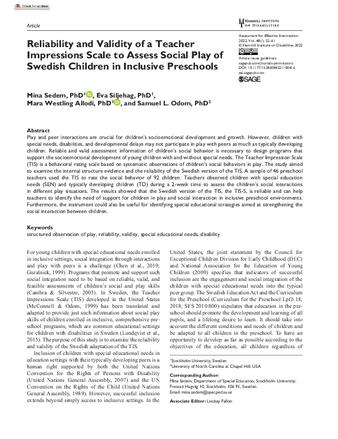 Reliability and Validity of a Teacher Impressions Scale to Assess Social Play of Swedish Children in Inclusive Preschools thumbnail