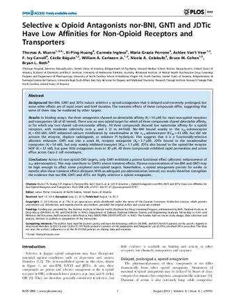 Selective k Opioid Antagonists nor-BNI, GNTI and JDTic Have Low Affinities for Non-Opioid Receptors and Transporters thumbnail