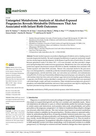 Untargeted Metabolome Analysis of Alcohol-Exposed Pregnancies Reveals Metabolite Differences That Are Associated with Infant Birth Outcomes thumbnail