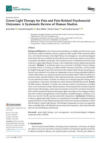 Green Light Therapy for Pain and Pain-Related Psychosocial Outcomes: A Systematic Review of Human Studies thumbnail