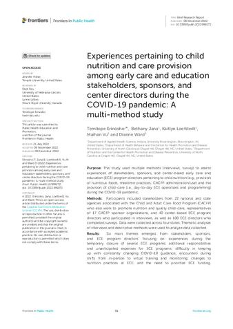 Experiences pertaining to child nutrition and care provision among early care and education stakeholders, sponsors, and center directors during the COVID-19 pandemic: A multi-method study thumbnail