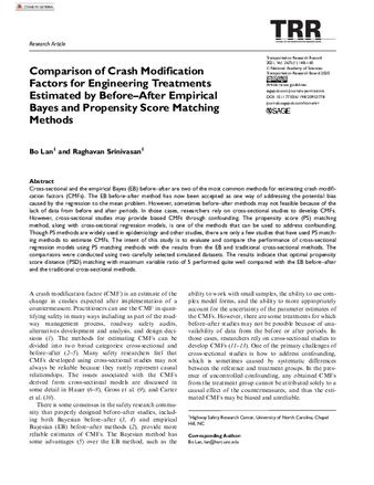 Comparison of Crash Modification Factors for Engineering Treatments Estimated by Before–After Empirical Bayes and Propensity Score Matching Methods thumbnail