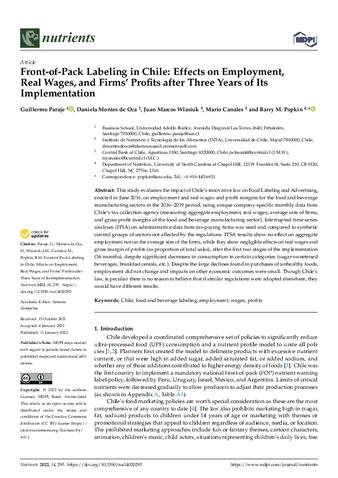 Front-of-Pack Labeling in Chile: Effects on Employment, Real Wages, and Firms’ Profits after Three Years of Its Implementation