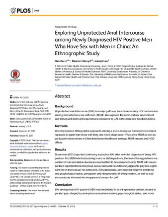 Exploring Unprotected Anal Intercourse among Newly Diagnosed HIV Positive Men Who Have Sex with Men in China: An Ethnographic Study thumbnail