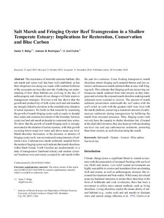 Salt Marsh and Fringing Oyster Reef Transgression in a Shallow Temperate Estuary: Implications for Restoration, Conservation and Blue Carbon thumbnail
