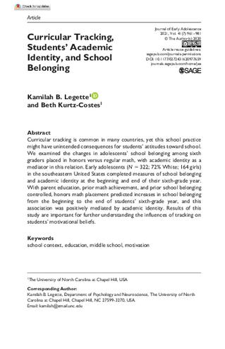 Curricular Tracking, Students’ Academic Identity, and School Belonging thumbnail