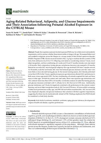 Aging-Related Behavioral, Adiposity, and Glucose Impairments and Their Association following Prenatal Alcohol Exposure in the C57BL/6J Mouse thumbnail