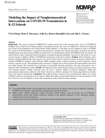 Modeling the Impact of Nonpharmaceutical Interventions on COVID-19 Transmission in K-12 Schools thumbnail