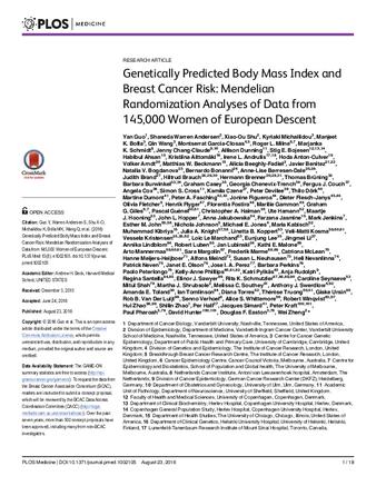 Genetically Predicted Body Mass Index and Breast Cancer Risk: Mendelian Randomization Analyses of Data from 145,000 Women of European Descent thumbnail