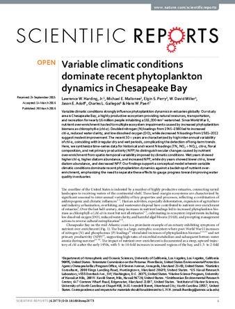 Variable climatic conditions dominate recent phytoplankton dynamics in Chesapeake Bay thumbnail