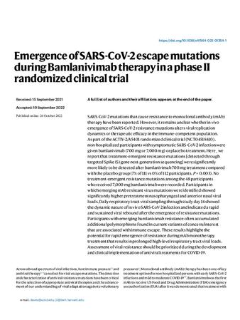 Emergence of SARS-CoV-2 escape mutations during Bamlanivimab therapy in a phase II randomized clinical trial thumbnail