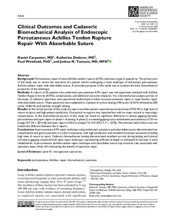 Clinical Outcomes and Cadaveric Biomechanical Analysis of Endoscopic Percutaneous Achilles Tendon Rupture Repair With Absorbable Suture thumbnail
