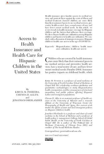 Access to Health Insurance and Health Care for Hispanic Children in the United States thumbnail