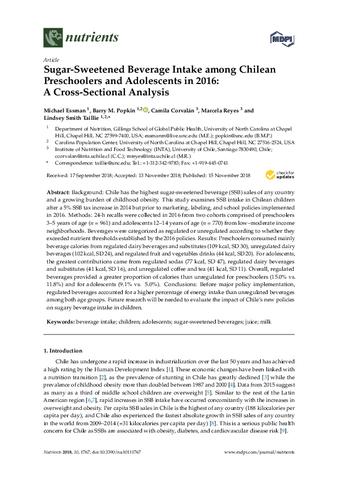 Sugar-sweetened beverage intake among chilean preschoolers and adolescents in 2016: A cross-sectional analysis thumbnail