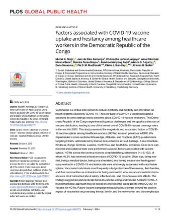 Factors associated with COVID-19 vaccine uptake and hesitancy among healthcare workers in the Democratic Republic of the Congo