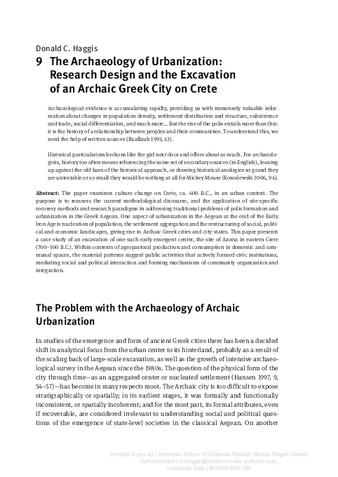 The Archaeology of Urbanization: Research Design and the Excavation of an Archaic Greek City on Crete