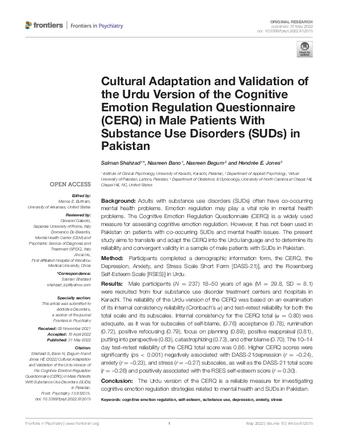 Cultural Adaptation and Validation of the Urdu Version of the Cognitive Emotion Regulation Questionnaire (CERQ) in Male Patients With Substance Use Disorders (SUDs) in Pakistan thumbnail
