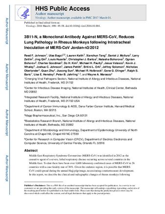 3B11-N, a monoclonal antibody against MERS-CoV, reduces lung pathology in rhesus monkeys following intratracheal inoculation of MERS-CoV Jordan-n3/2012 thumbnail