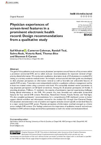 Physician experiences of screen-level features in a prominent electronic health record: Design recommendations from a qualitative study thumbnail