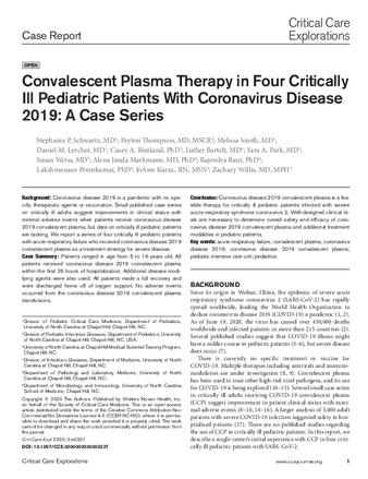 Convalescent Plasma Therapy in Four Critically Ill Pediatric Patients With Coronavirus Disease 2019: A Case Series thumbnail