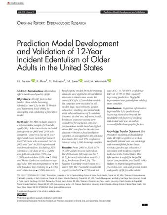 Prediction Model Development and Validation of 12-Year Incident Edentulism of Older Adults in the United States thumbnail
