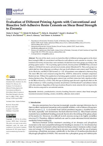 Evaluation of Different Priming Agents with Conventional and Bioactive Self-Adhesive Resin Cements on Shear Bond Strength to Zirconia thumbnail