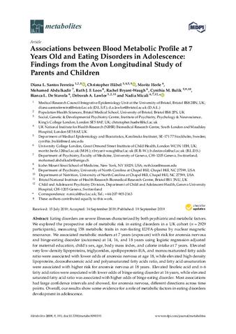 Associations between blood metabolic profile at 7 years old and eating disorders in adolescence: Findings from the avon longitudinal study of parents and children