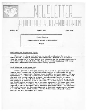 Newsletter of the Archaeological Society of North Carolina Number 62 thumbnail