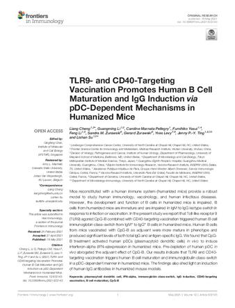 TLR9- and CD40-Targeting Vaccination Promotes Human B Cell Maturation and IgG Induction via pDC-Dependent Mechanisms in Humanized Mice thumbnail