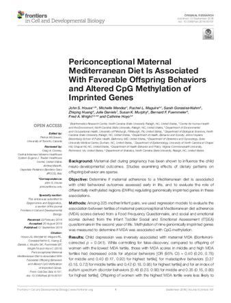 Periconceptional maternal mediterranean diet is associated with favorable offspring behaviors and altered CpG methylation of imprinted genes thumbnail