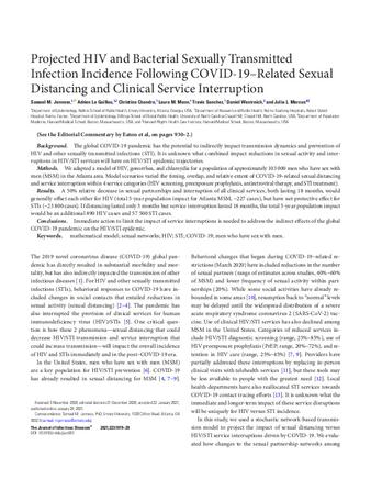 Projected HIV and Bacterial Sexually Transmitted Infection Incidence following COVID-19-Related Sexual Distancing and Clinical Service Interruption thumbnail
