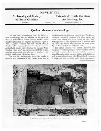 Archaeological Society of North Carolina Newsletter Number 95, Friends of North Carolina Archaeology, Inc. Newsletter, Volume 6, Number 3 thumbnail