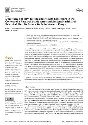 Does Venue of HIV Testing and Results Disclosure in the Context of a Research Study Affect Adolescent Health and Behavior? Results from a Study in Western Kenya thumbnail
